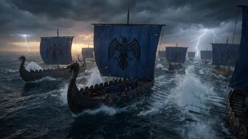 Uma frota de drakkars de velas azuis com o corvo negro atravessa um mar de tempestade