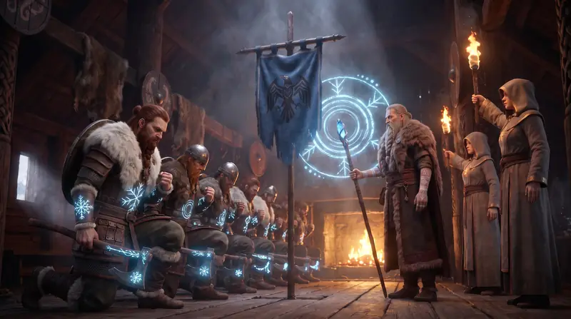 Guerreiros ajoelhados num salão iluminado por tochas, diante de um estandarte azul com um corvo