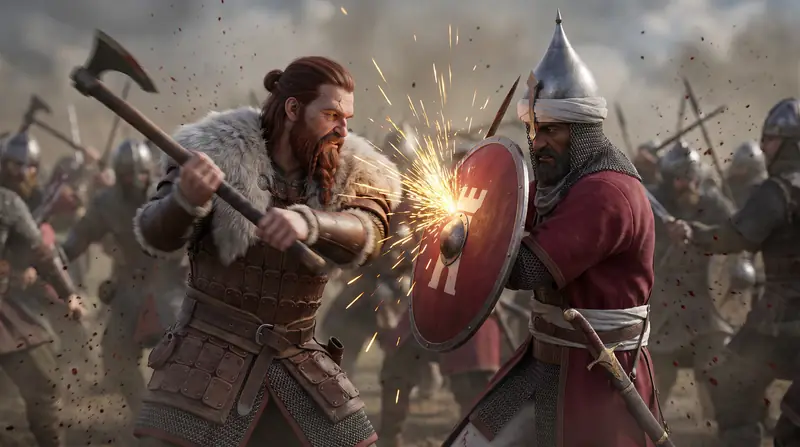 Um guerreiro do norte acerta o machado no escudo vermelho de um guerreiro do sul, no meio da batalha