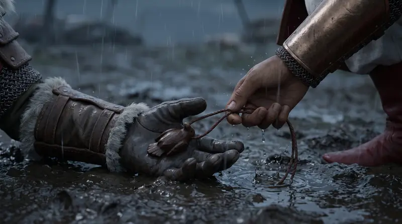 Na lama e na chuva, uma mão de armadura de bronze tira o pingente de corvo da mão de um guerreiro caído