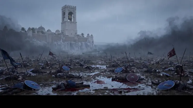 O campo de batalha silencioso na chuva, com a névoa negra avançando e uma torre ao fundo